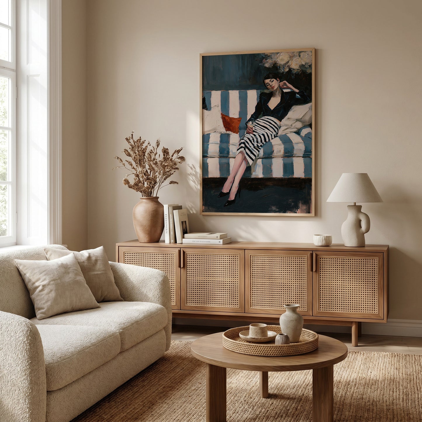 a cozy living room with a large painting of a woman sitting on a striped couch, a wooden sideboard, a beige sofa, a coffee table, and a lamp.