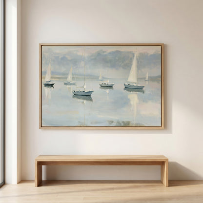 a large painting of sailboats on a calm body of water, hanging on a wall above a wooden bench.