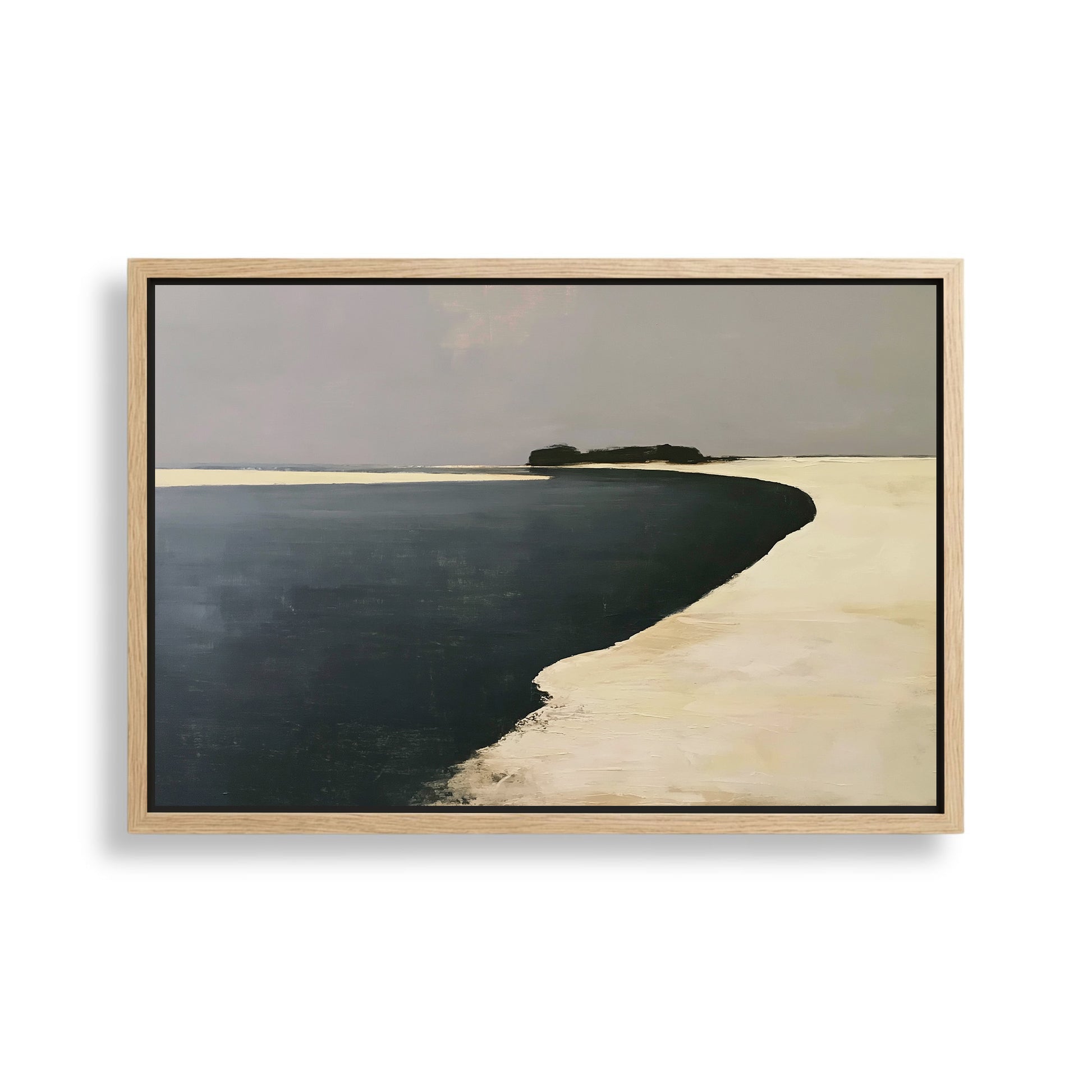 The image is a painting depicting a serene landscape with a body of water and a sandy beach.