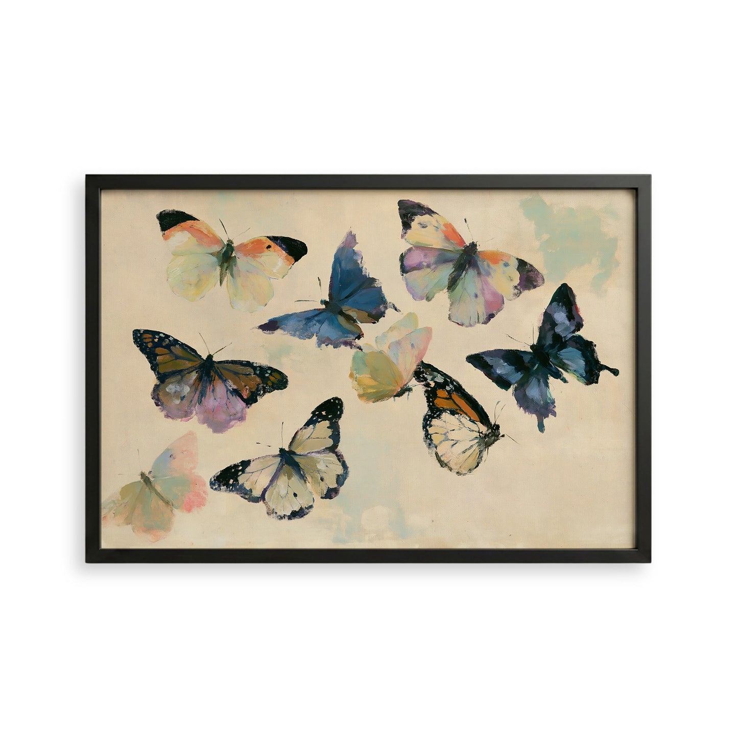 The image is a framed print featuring a vibrant display of colorful butterflies in various poses and orientations.