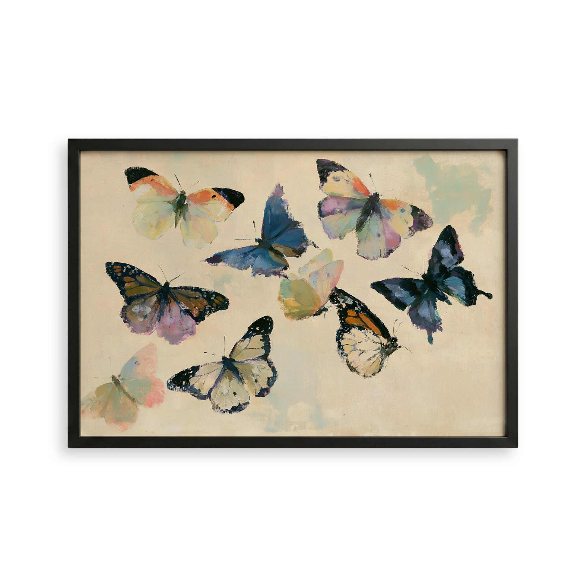 The image is a framed print featuring a vibrant display of colorful butterflies in various poses and orientations.