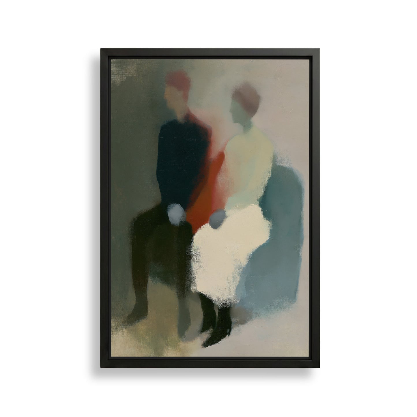 The image is an abstract painting featuring two figures sitting together, with a focus on the interplay of colors and shapes.
