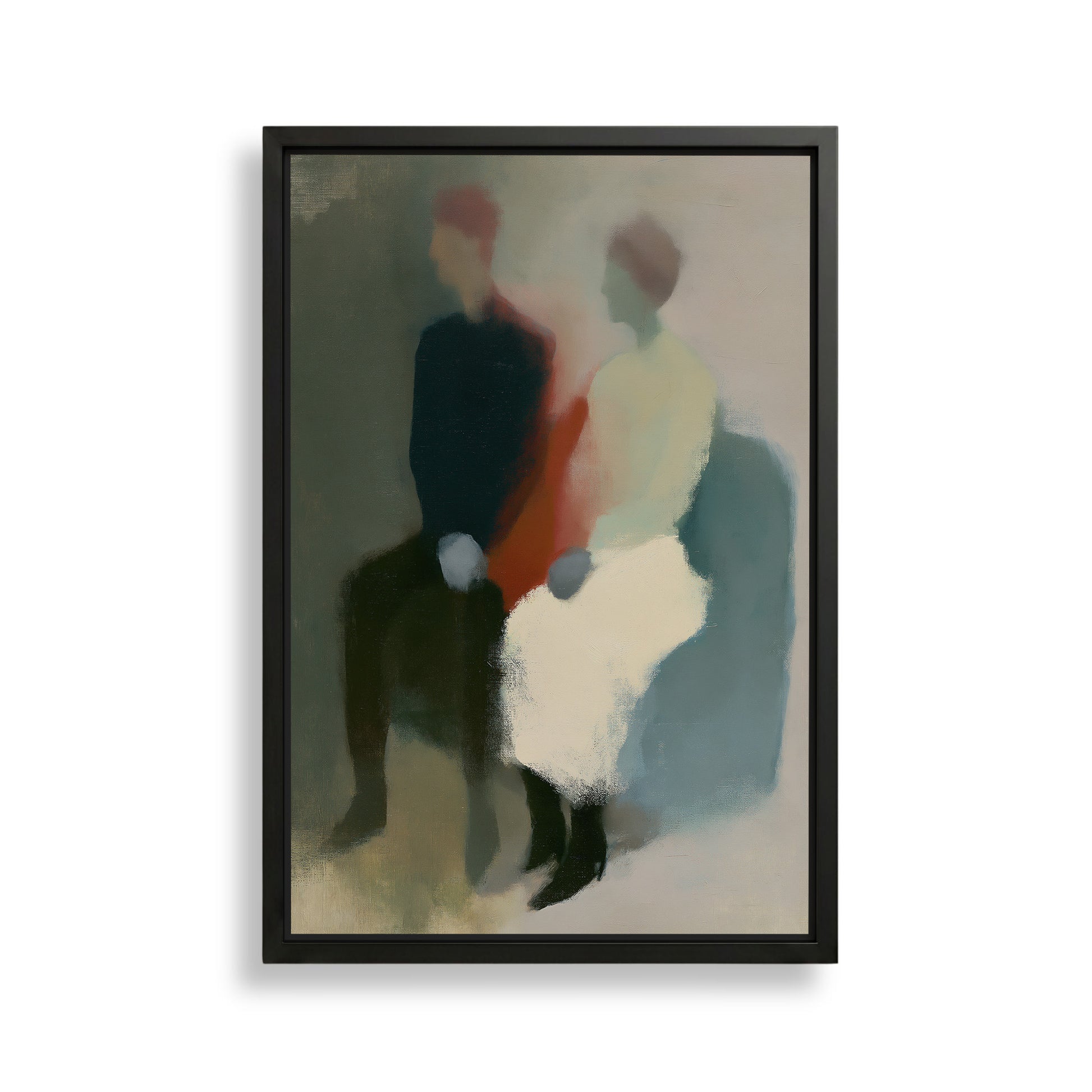 The image is an abstract painting featuring two figures sitting together, with a focus on the interplay of colors and shapes.