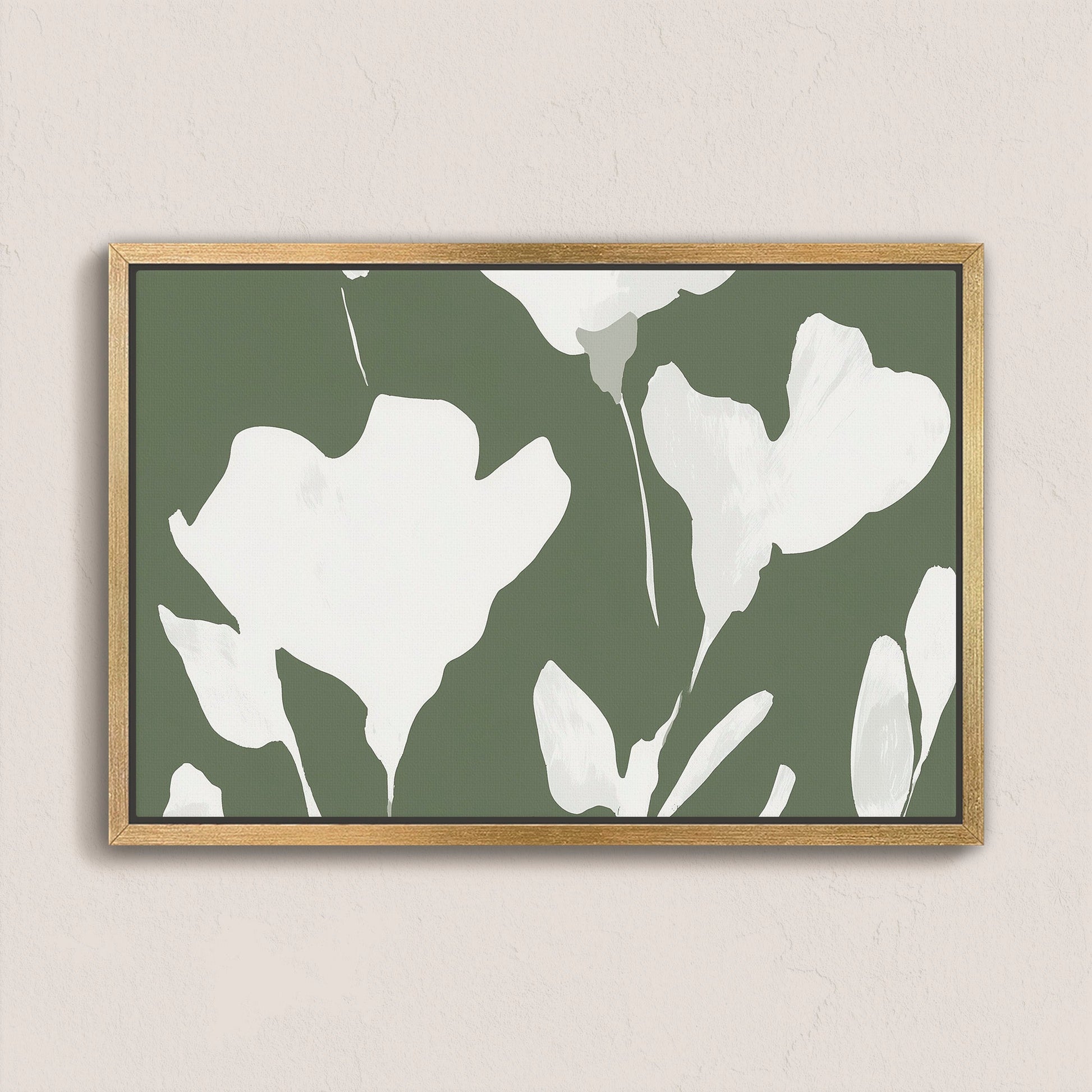 Verdal canvas print featuring ivory floral silhouettes on muted olive background in natural wood frame