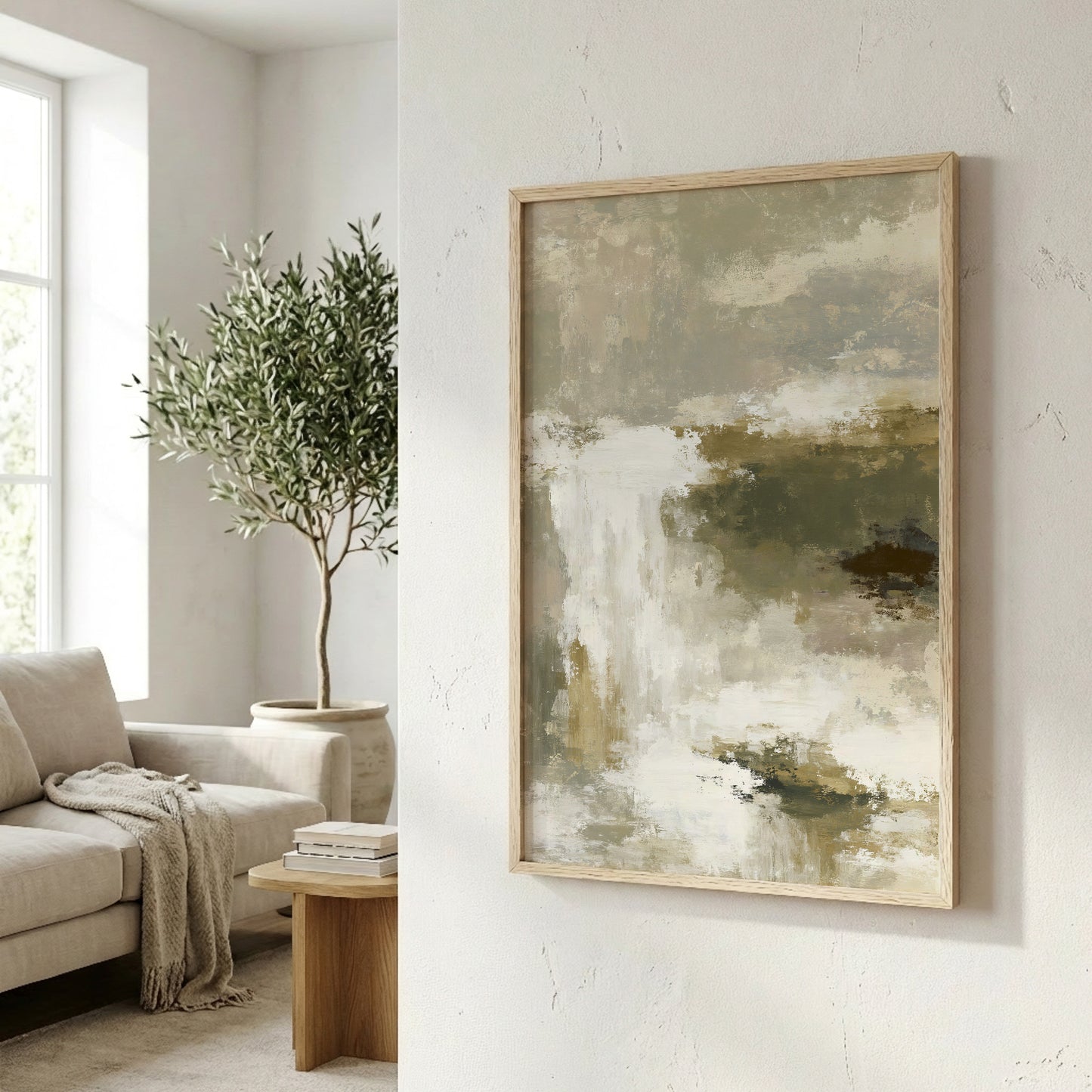 a cozy living room with a large abstract painting hanging on the wall, a comfortable couch, and a potted plant.