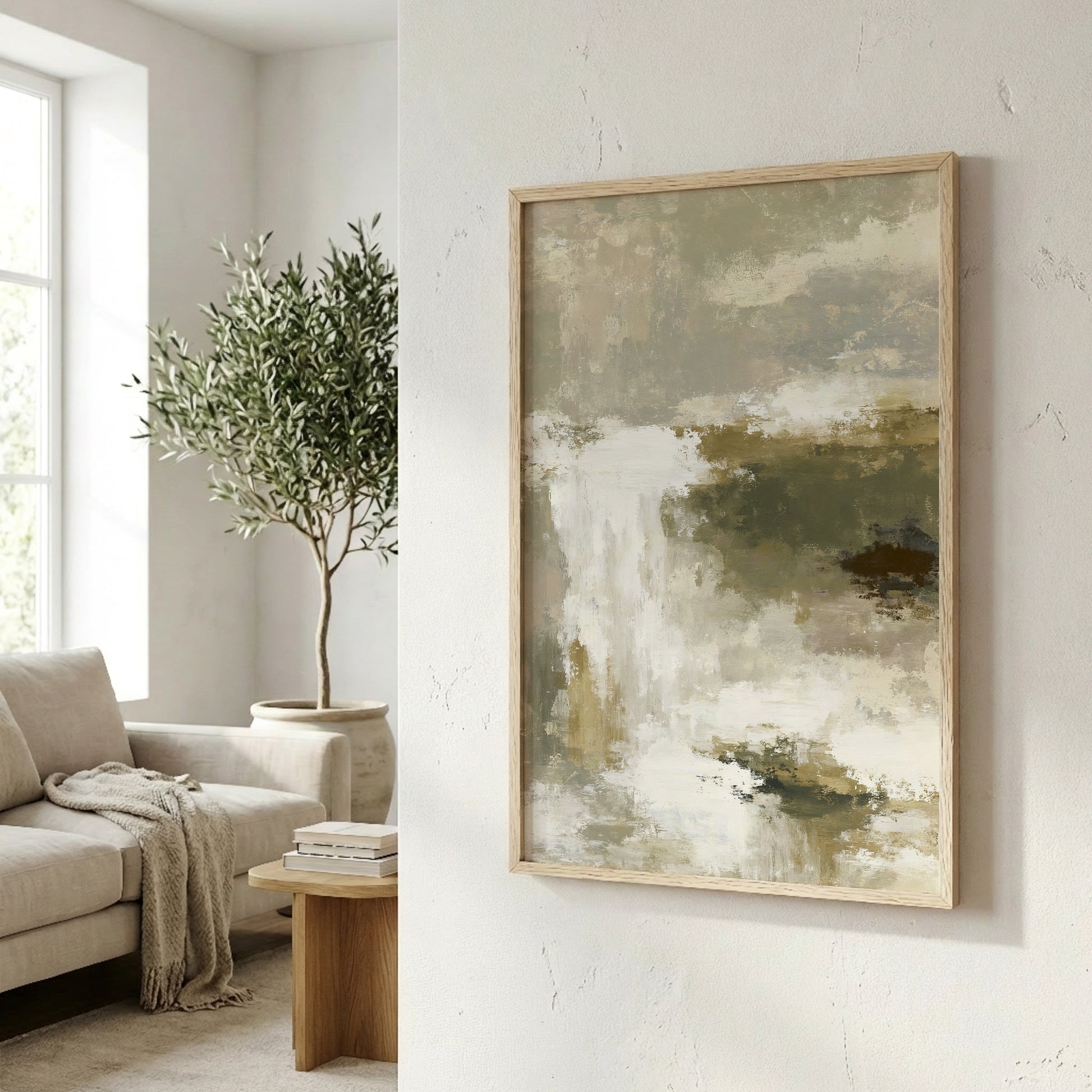 a cozy living room with a large abstract painting hanging on the wall, a comfortable couch, and a potted plant.