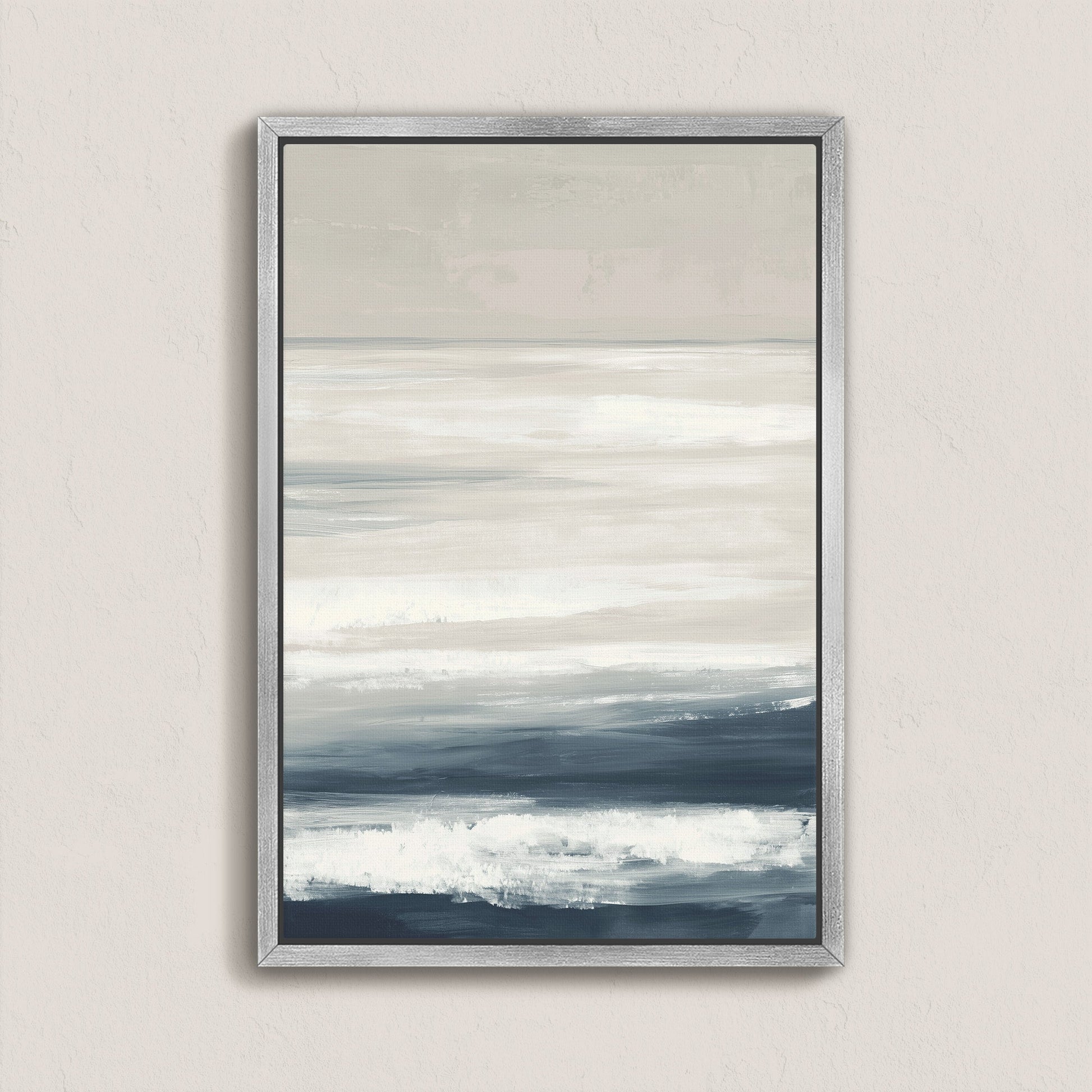 Syd Canvas Print with calming ivory, sand, and indigo sea-inspired abstract art in a silver frame.