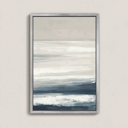 Syd Canvas Print with calming ivory, sand, and indigo sea-inspired abstract art in a silver frame.