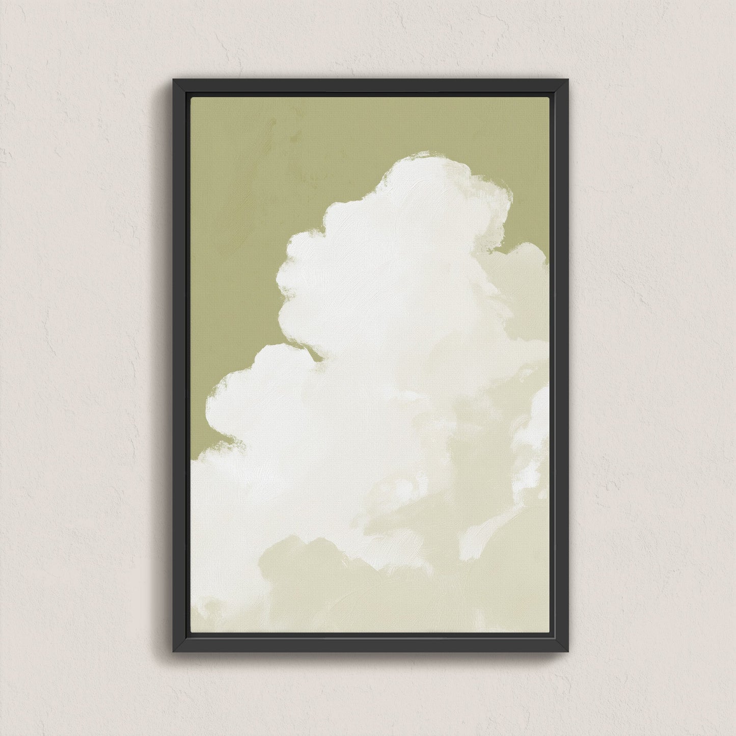 Rise Canvas Wall Art with soft white cloud against muted sage background in black frame, modern serene design