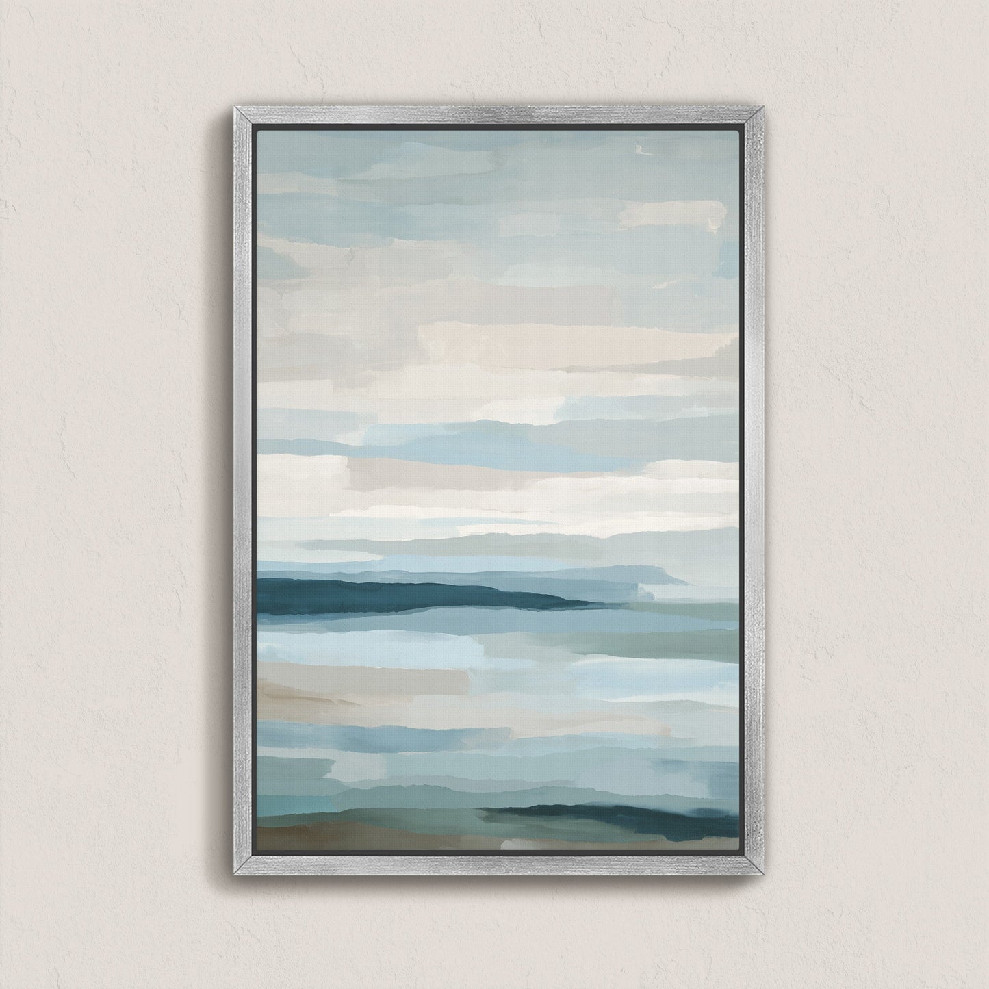 Lapse Canvas Print abstract seascape with soft blue, ivory, and sand tones in a silver frame