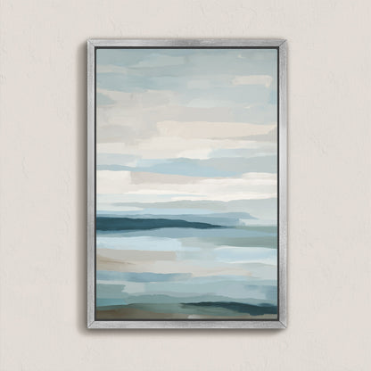 Lapse Canvas Print abstract seascape with soft blue, ivory, and sand tones in a silver frame