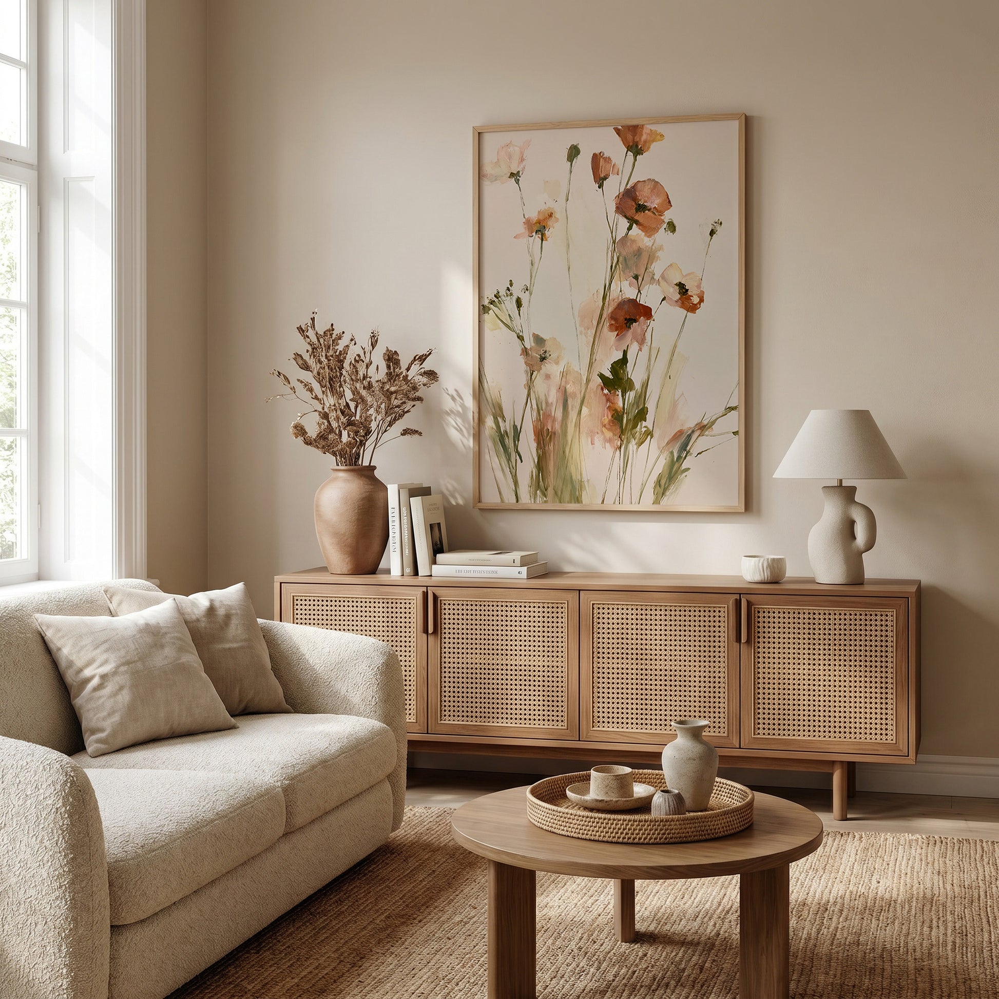 a cozy living room with a beige sofa, a wooden sideboard, and a large floral painting on the wall. The room has a warm and inviting atmosphere, with natural light coming in from a window and a lamp providing additional lighting.