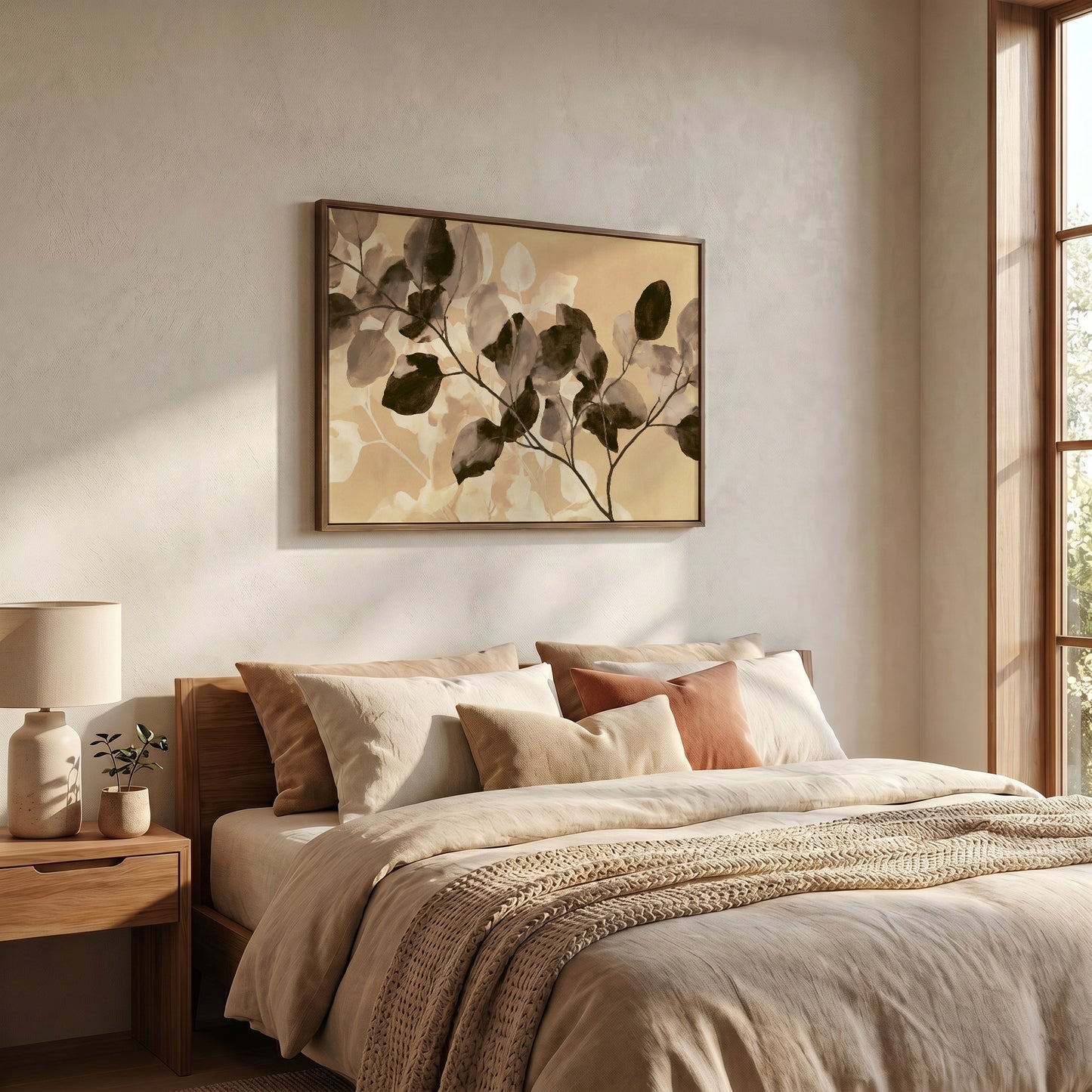 a serene and cozy bedroom with a large bed adorned with beige and brown bedding, complemented by a wooden nightstand and a lamp. Above the bed, a framed artwork featuring a branch with green leaves is displayed on the wall, adding a touch of nature to the room's decor.