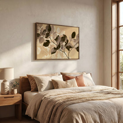 a serene and cozy bedroom with a large bed adorned with beige and brown bedding, complemented by a wooden nightstand and a lamp. Above the bed, a framed artwork featuring a branch with green leaves is displayed on the wall, adding a touch of nature to the room's decor.