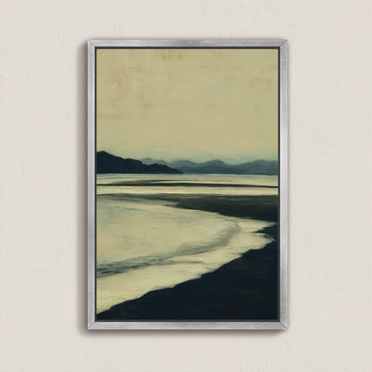 Echoes canvas print of a calm shoreline at dusk with hazy blues and soft ochre tones in a silver frame