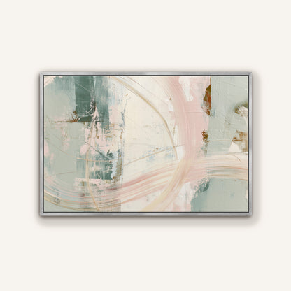 The image is a framed abstract painting with a predominantly light green and white color palette. The painting features various brushstrokes and textures, creating a dynamic and visually interesting composition.