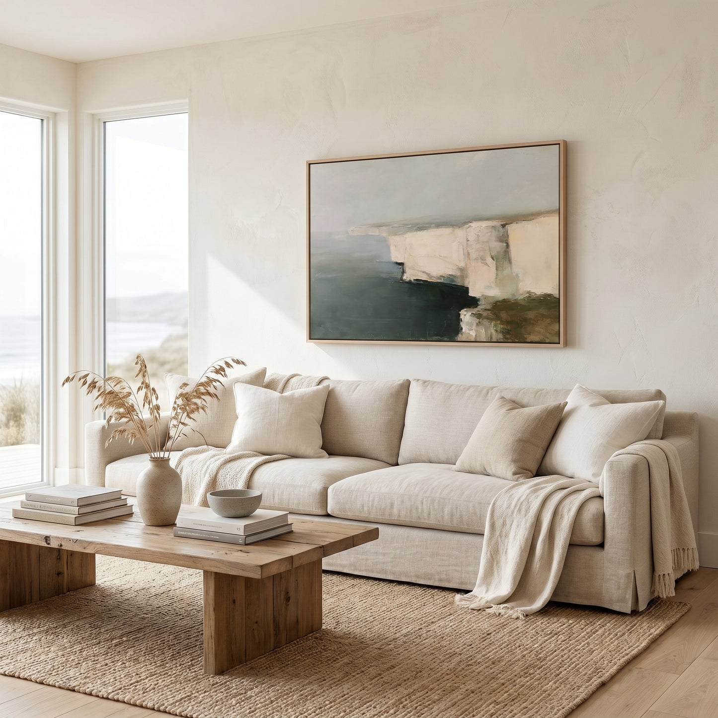 a serene and modern living room with a large window overlooking the ocean, a wooden coffee table with books and a vase of dried flowers, and a beige sofa with a throw blanket draped over it.