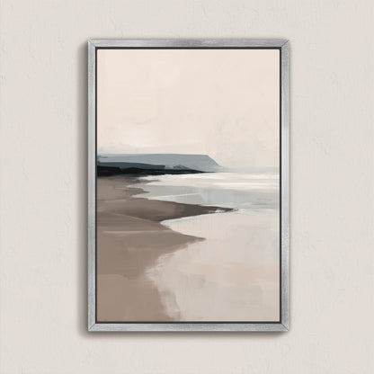 Mel Canvas Print depicting a tranquil seascape in soft beige and gray tones with minimalist coastal landscape in a silver frame