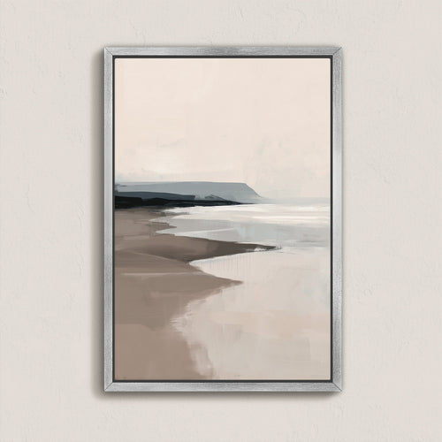 Mel Canvas Print depicting a tranquil seascape in soft beige and gray tones with minimalist coastal landscape in a silver frame