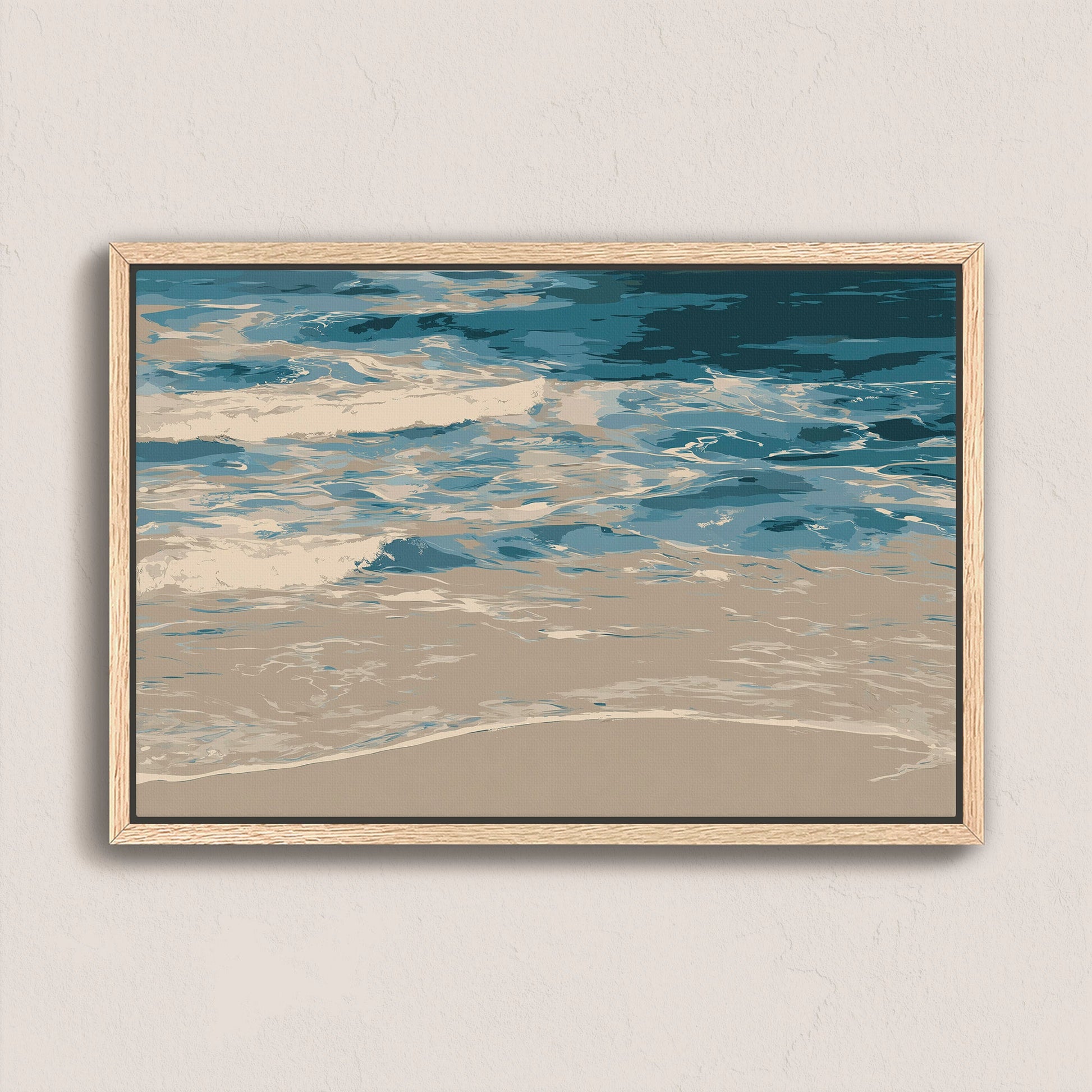 Marin Canvas Print of shoreline waves in blues and neutrals with minimalist composition in a natural wood frame