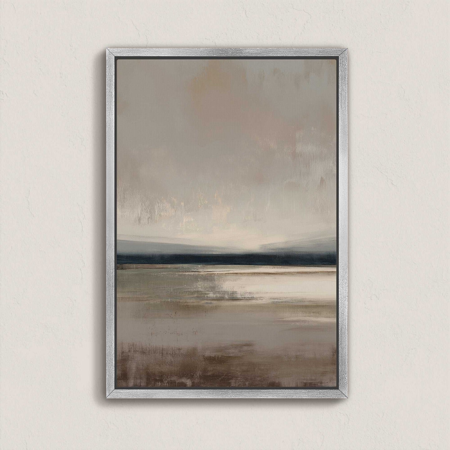 Vast Canvas Art with soft taupe, charcoal, and cream gradients depicting a tranquil horizon, framed in silver