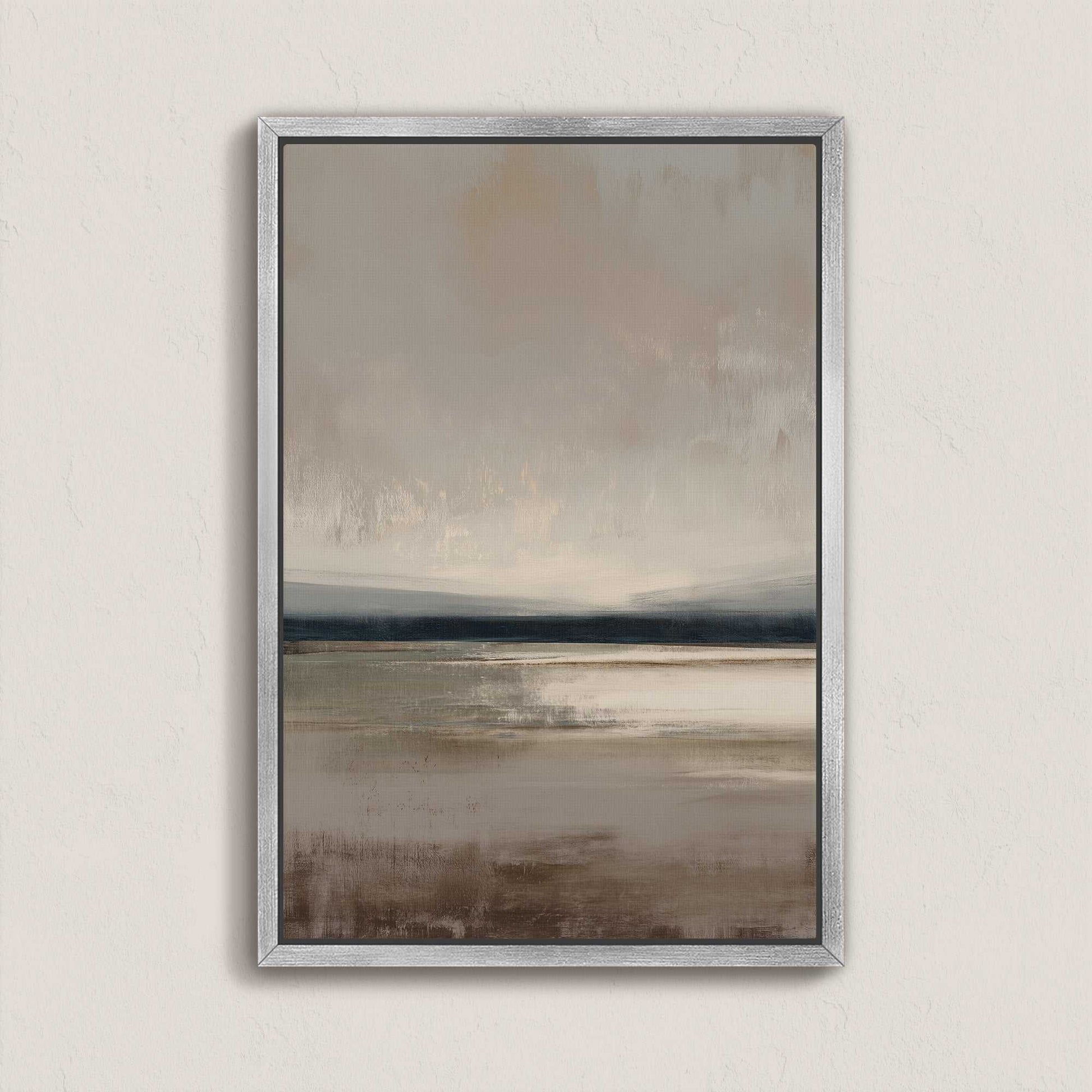 Vast Canvas Art with soft taupe, charcoal, and cream gradients depicting a tranquil horizon, framed in silver