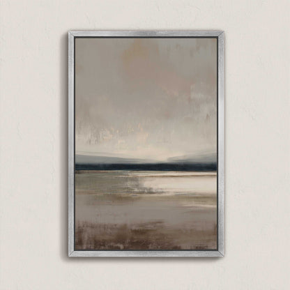 Vast Canvas Art with soft taupe, charcoal, and cream gradients depicting a tranquil horizon, framed in silver