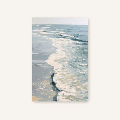 a serene scene of a body of water, possibly a lake or a sea, with gentle waves lapping against the shore. The water appears to be a light blue color, with some white foam visible on the surface, suggesting a calm and peaceful atmosphere.