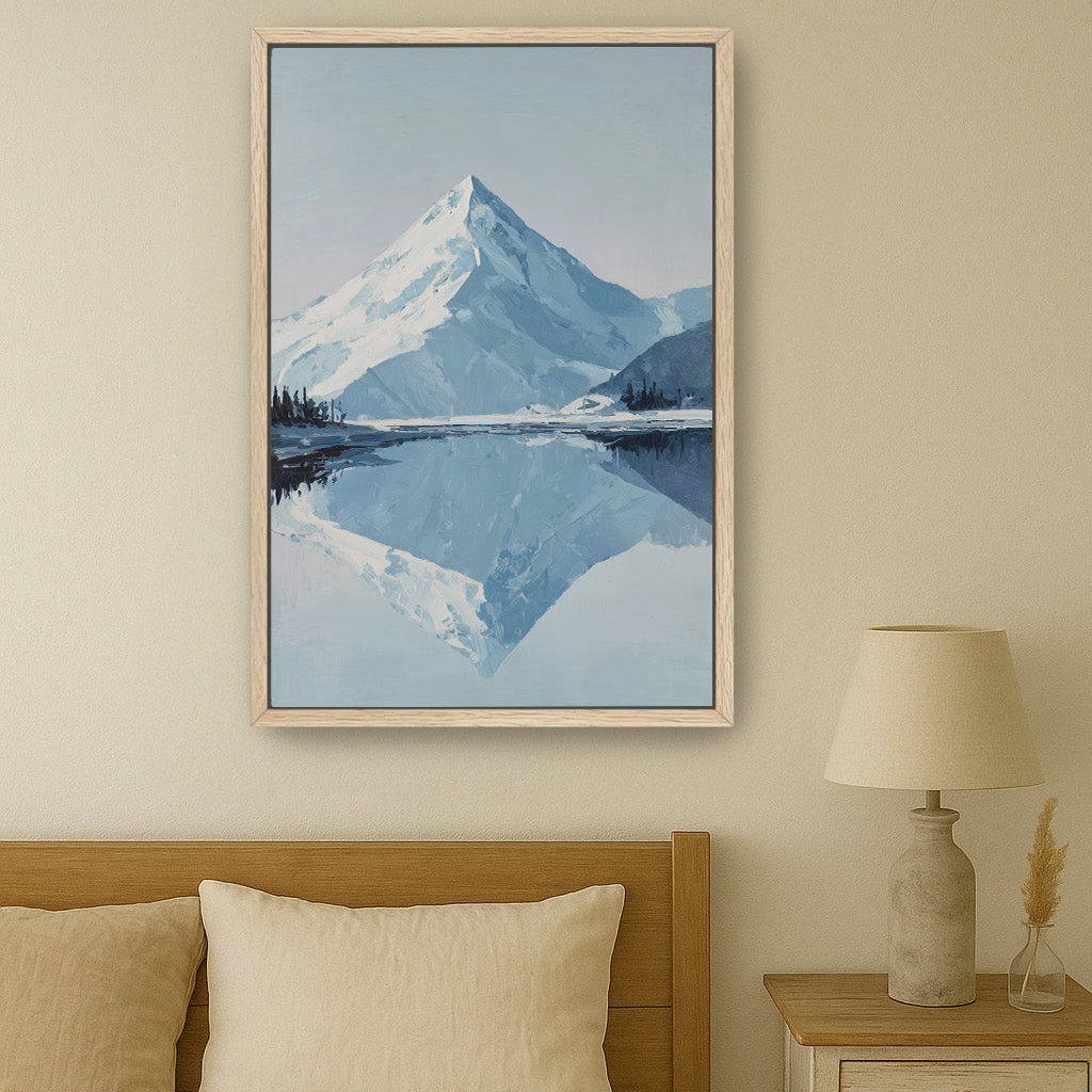 a serene mountain landscape with a calm lake reflecting the snow-capped peak.