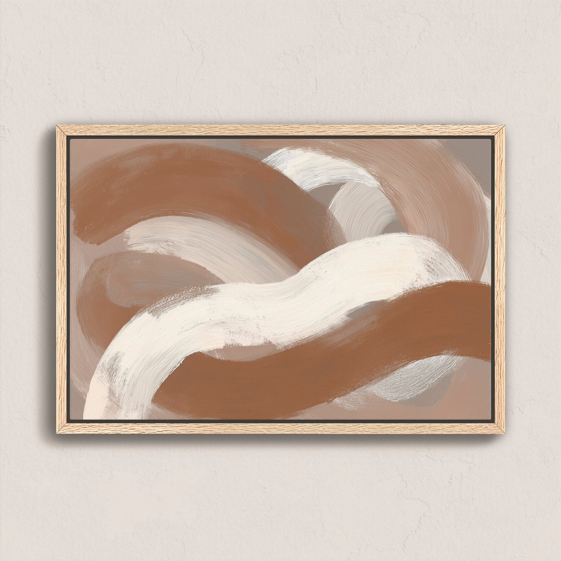 Abstract Current Canvas Print with taupe, ivory, and sienna brushstrokes in natural wood frame