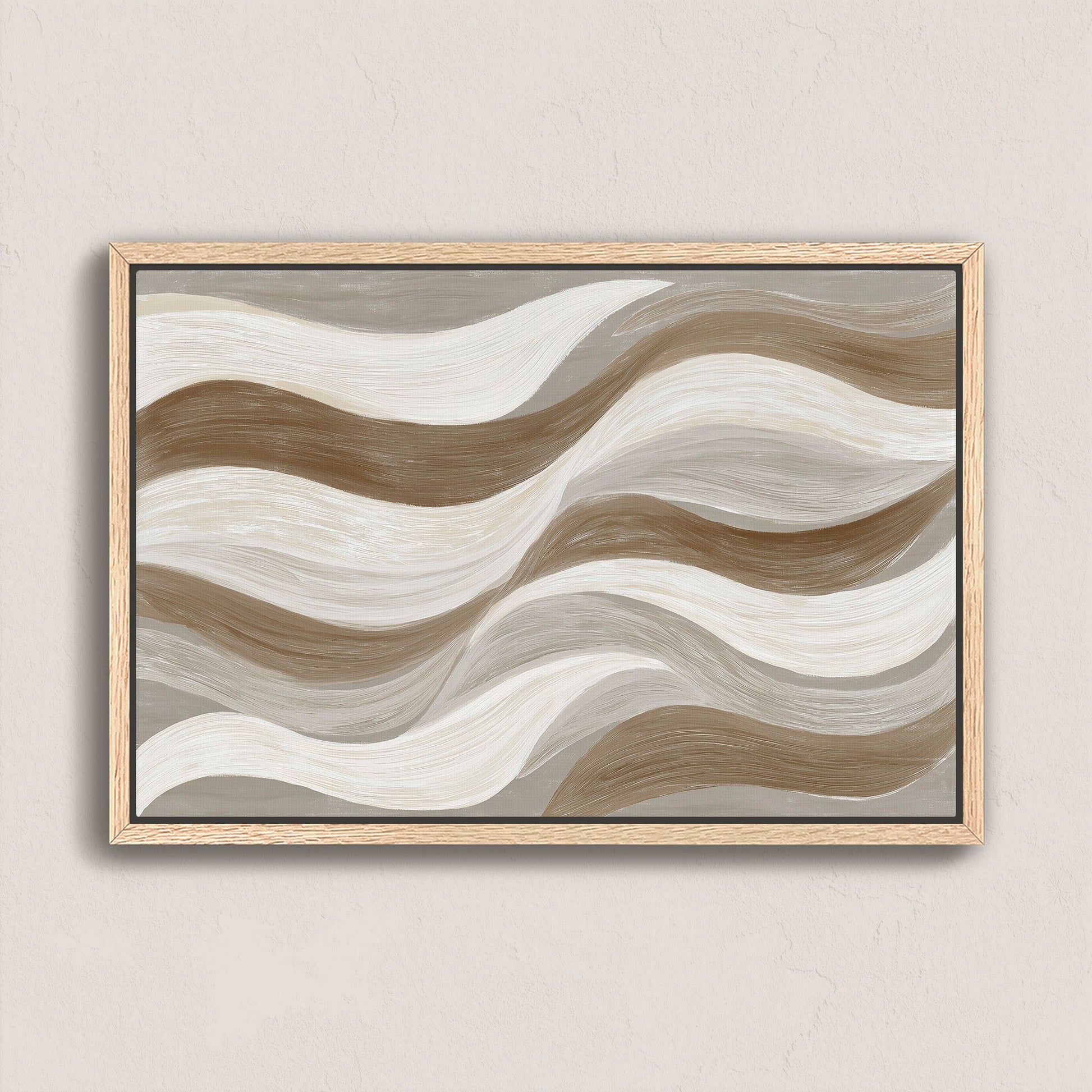 Abstract Flux Canvas Print with cream, taupe, and clay brushstrokes in a natural wood frame