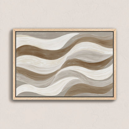 Abstract Flux Canvas Print with cream, taupe, and clay brushstrokes in a natural wood frame