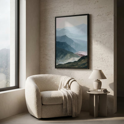 a cozy living room with a large window, a white armchair, and a framed landscape painting hanging on the wall.