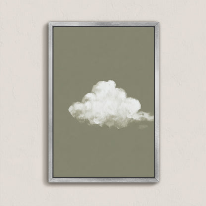 Trace Canvas Print featuring a single white cloud on muted sage background in a silver frame, offering calm and simplicity for modern interiors