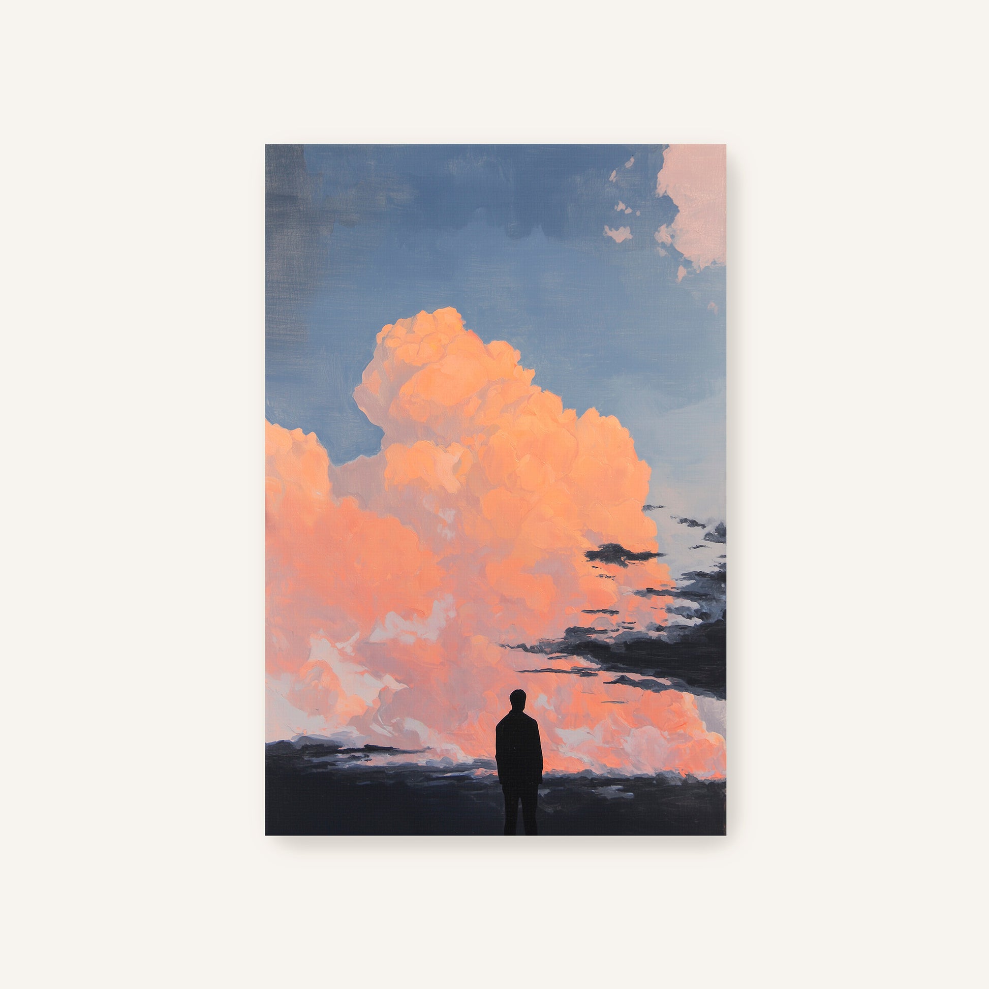 a person standing in front of a large, vibrant cloud formation against a blue sky.