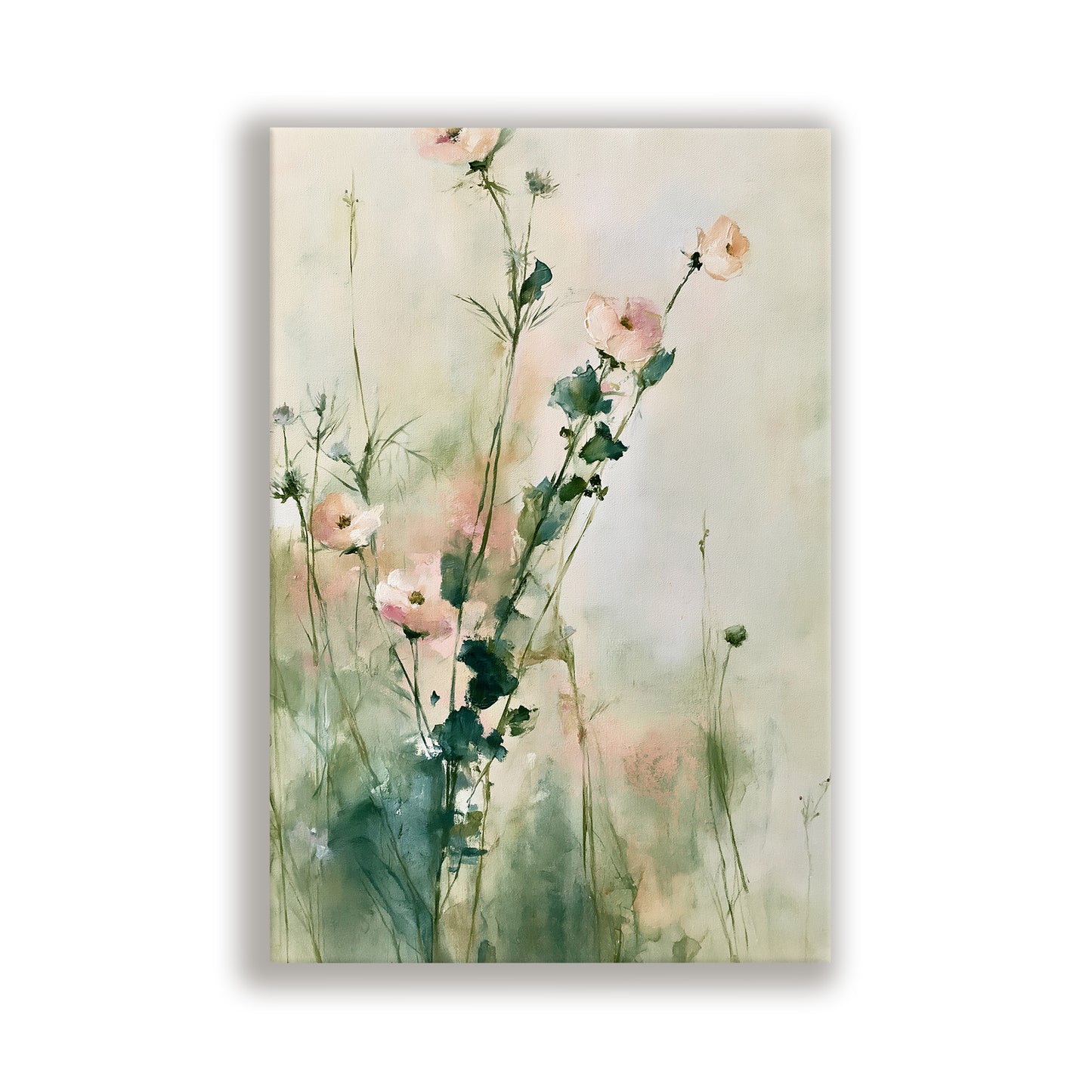 The image is a painting of a field of flowers with pink and green foliage.