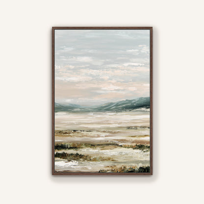 The image is a framed painting depicting a serene landscape with a body of water and mountains in the background.