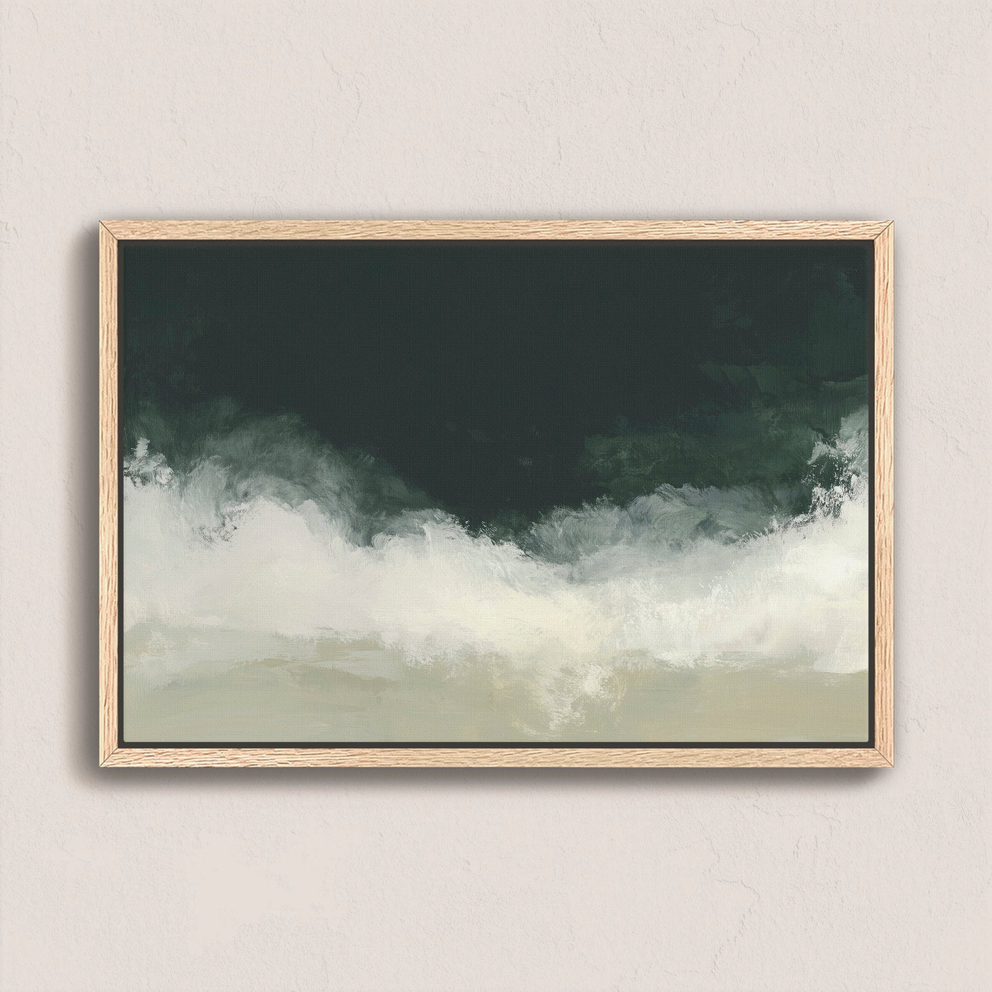 Surge canvas wall art with deep emerald and soft white tones in a natural wooden frame.