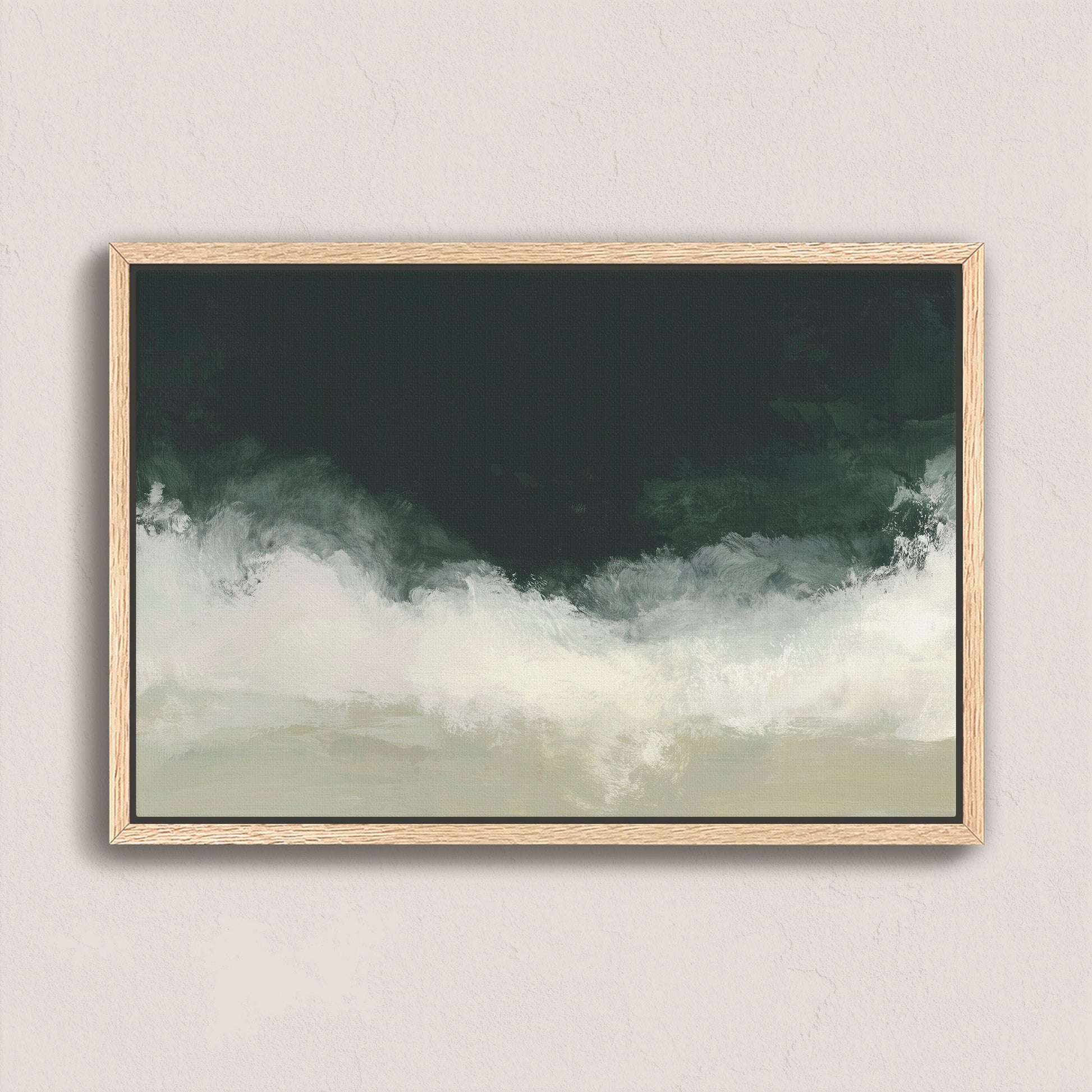 Surge canvas wall art with deep emerald and soft white tones in a natural wooden frame.