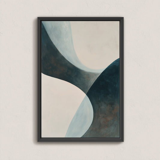 Bend canvas artwork featuring abstract soft curves in teal, cream, and earth tones with black frame.