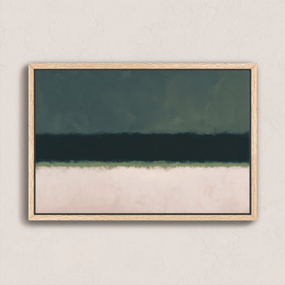 Shade Canvas Print with deep olive and neutral tones, minimalist nature-inspired abstract art in a natural wood frame.