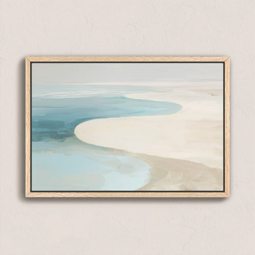 Tideway Canvas Wall Art featuring soft ivory, beige, and ocean blue abstract coastal horizon in natural wood frame