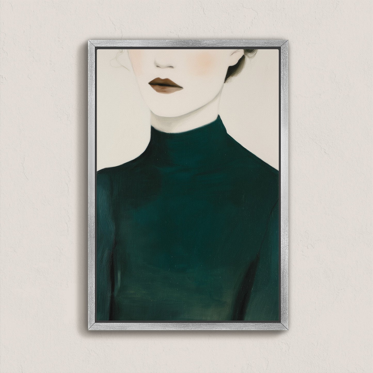 Poise Canvas Print featuring faceless figure in deep emerald turtleneck, minimalist and elegant portrait art in silver frame