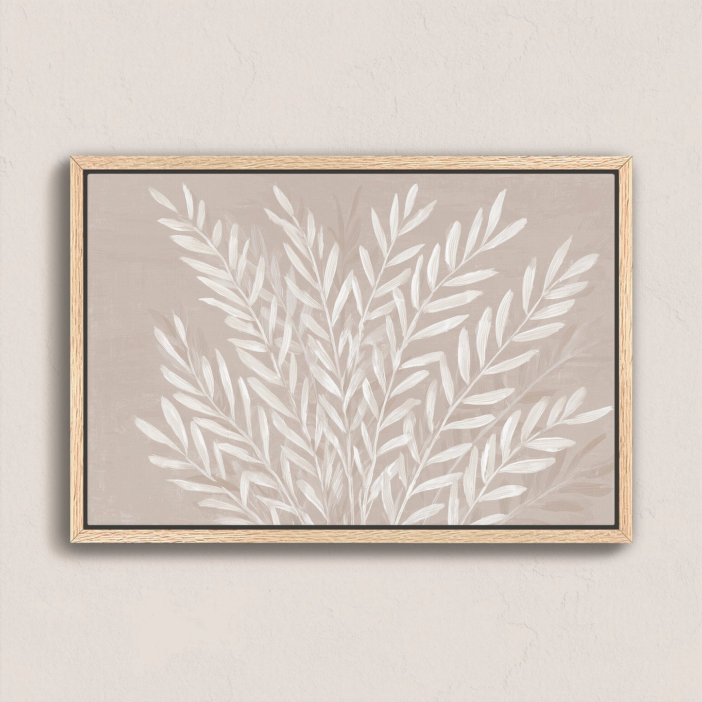 Whisper Canvas Print with slender ivory leaves on soft taupe background in natural wooden frame