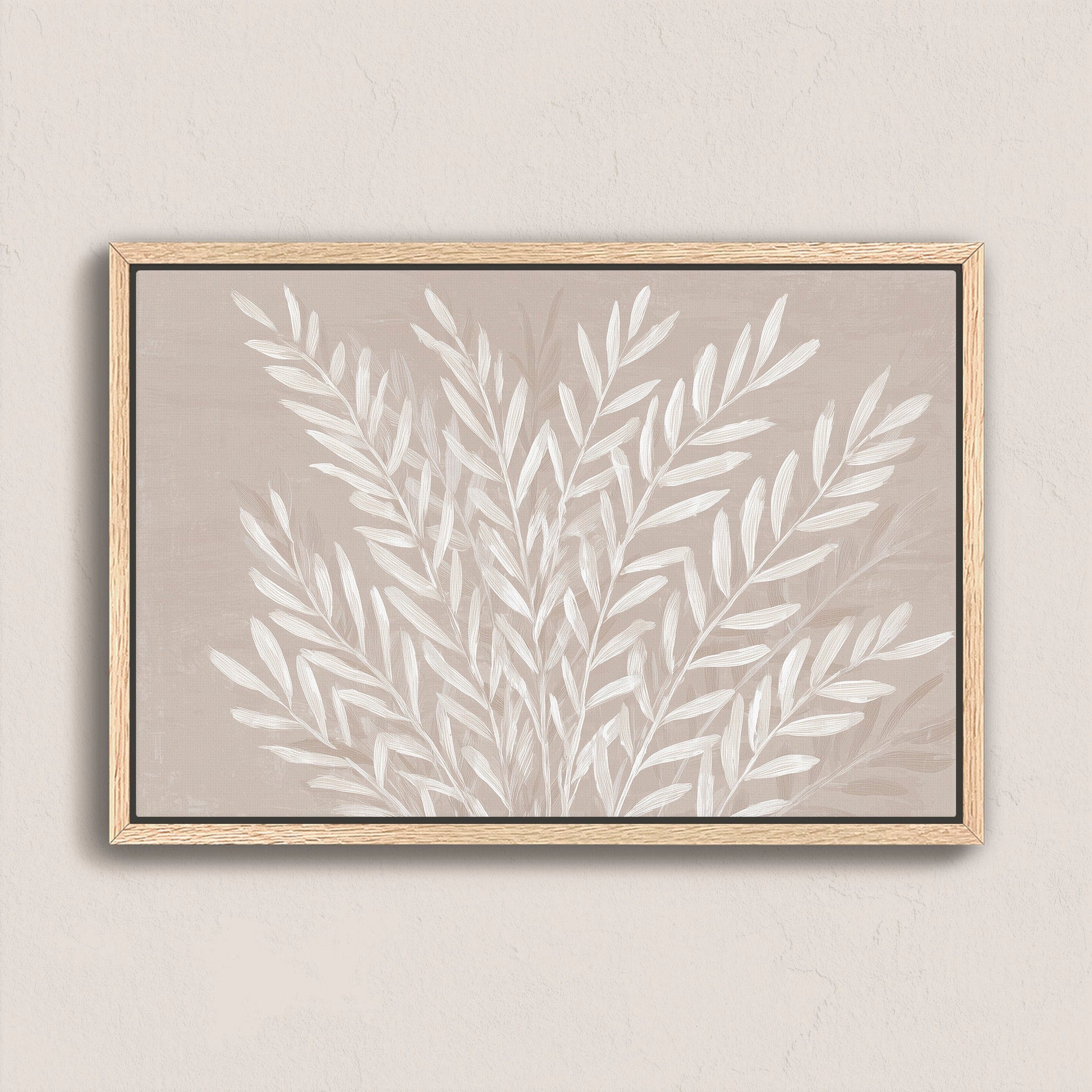 Whisper Canvas Print with slender ivory leaves on soft taupe background in natural wooden frame
