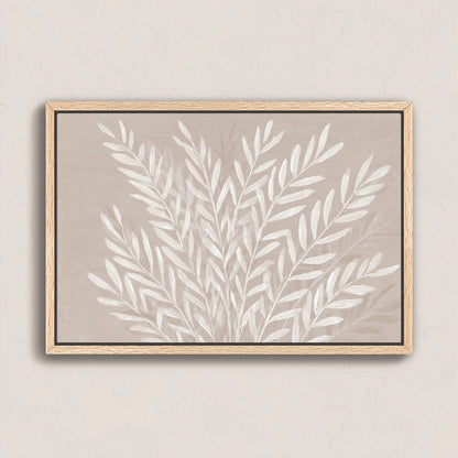 Whisper Canvas Print with slender ivory leaves on soft taupe background in natural wooden frame