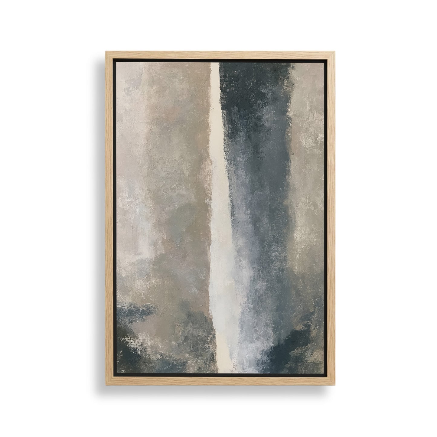 The image is a framed abstract painting with a predominantly gray and white color palette. The painting features a vertical line running through the center, creating a sense of movement and depth. The artwork is displayed on a white wall, highlighting its colors and composition.