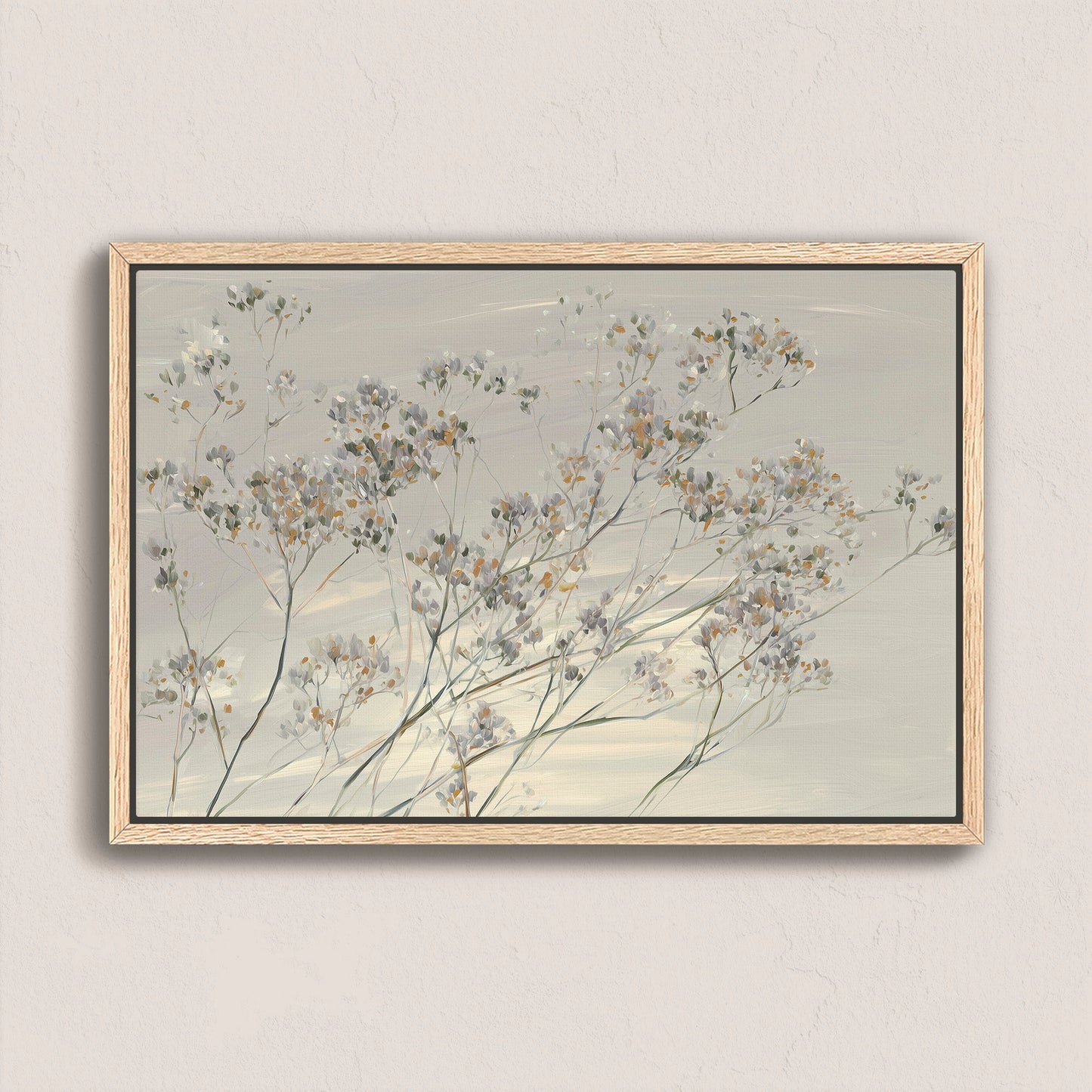 Breeze Wall Art canvas featuring delicate wildflowers in soft muted tones with natural wood frame