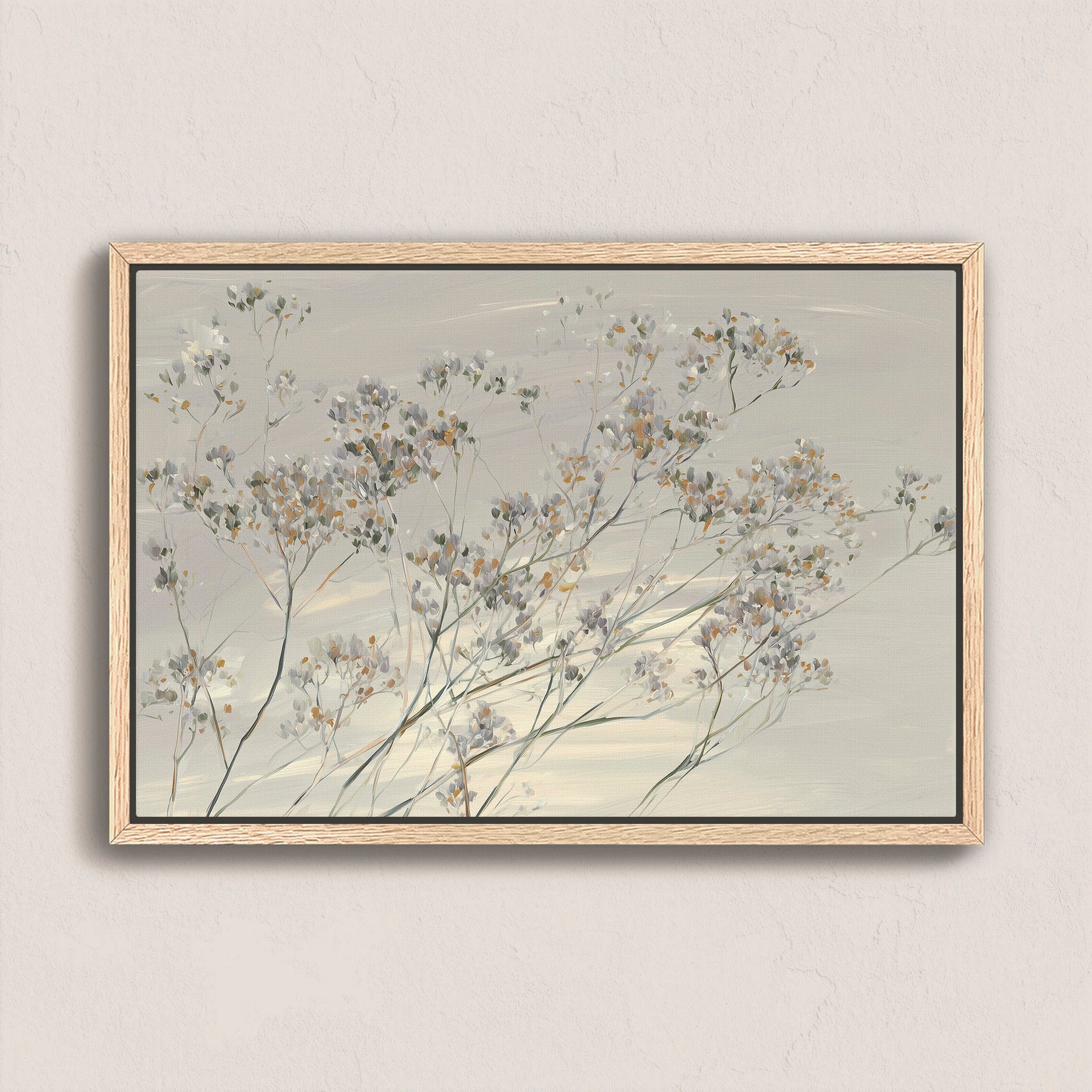 Breeze Wall Art canvas featuring delicate wildflowers in soft muted tones with natural wood frame