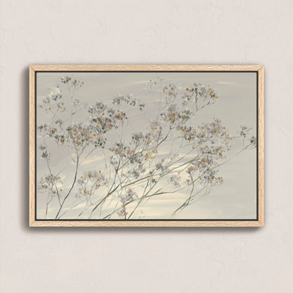 Breeze Wall Art canvas featuring delicate wildflowers in soft muted tones with natural wood frame